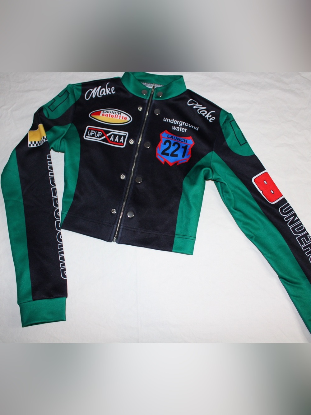 Women’s Green & Black Racing Patch Cropped Bomber Jacket